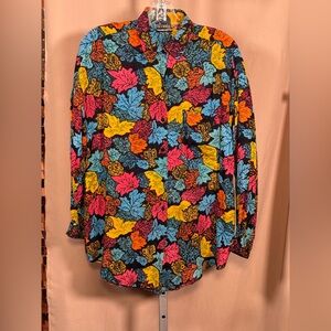Vintage Symbol 2000 Men's Neon Leaf Print Button Down Shirt Black P2P 24"